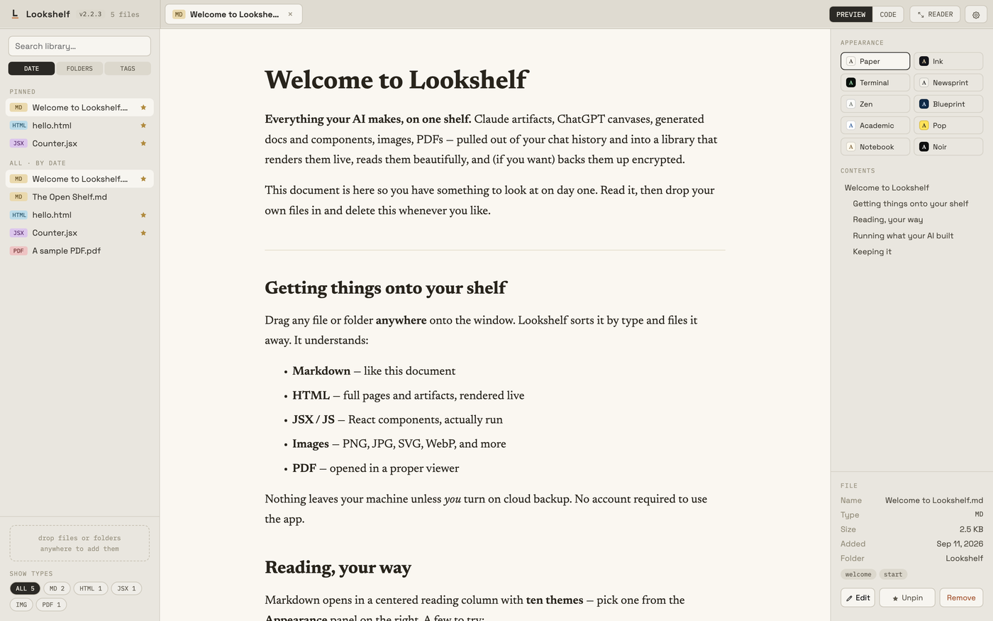 The Lookshelf desktop app: a sidebar of pinned and recent files on the left, a rendered Markdown document in the middle, and appearance themes, contents and file details on the right.